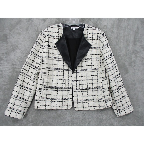 Chicos Jacket 2.5 US 14 Plaid Tweed Faux Leather Trim Blazer Career Office Lined - Picture 1 of 12